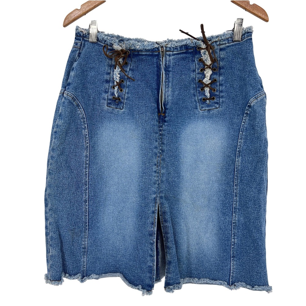 vintage Y2K denim lace up skirt cut off waist 14‎